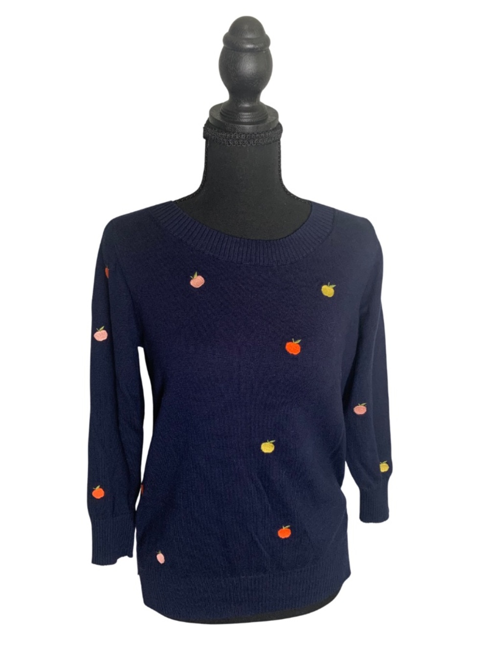 LOFT Navy Sweater Pink Orange & Yellow Embroidered Apples Women's S Boho